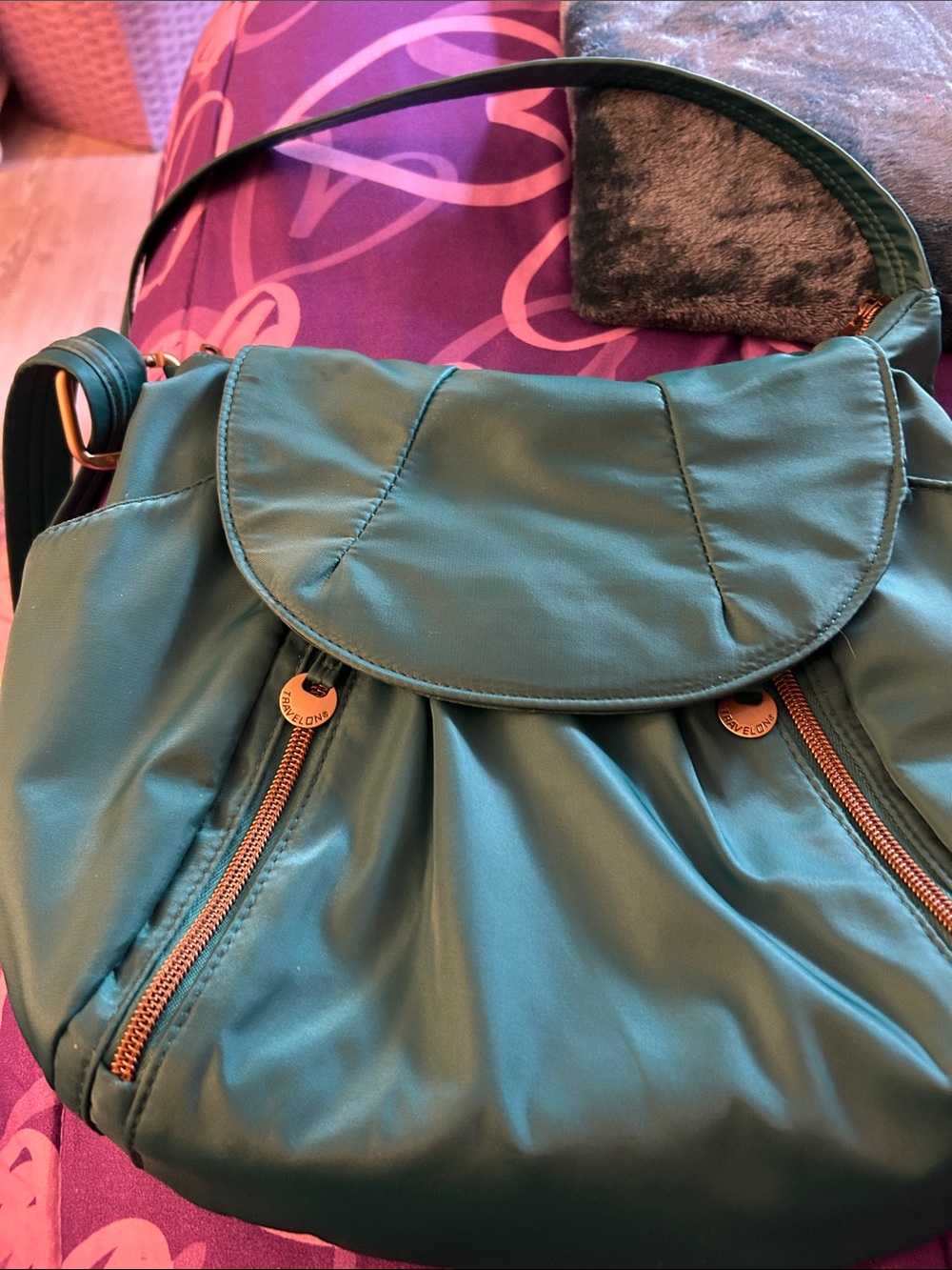 Travelon Teal Shoulder Bag with Front Zippers